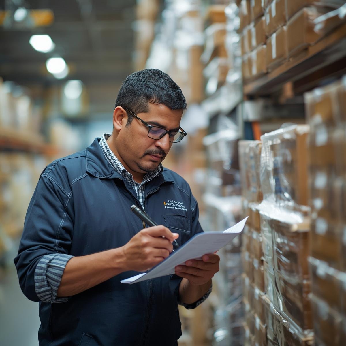 Supervisor inspecting and documenting packed goods.