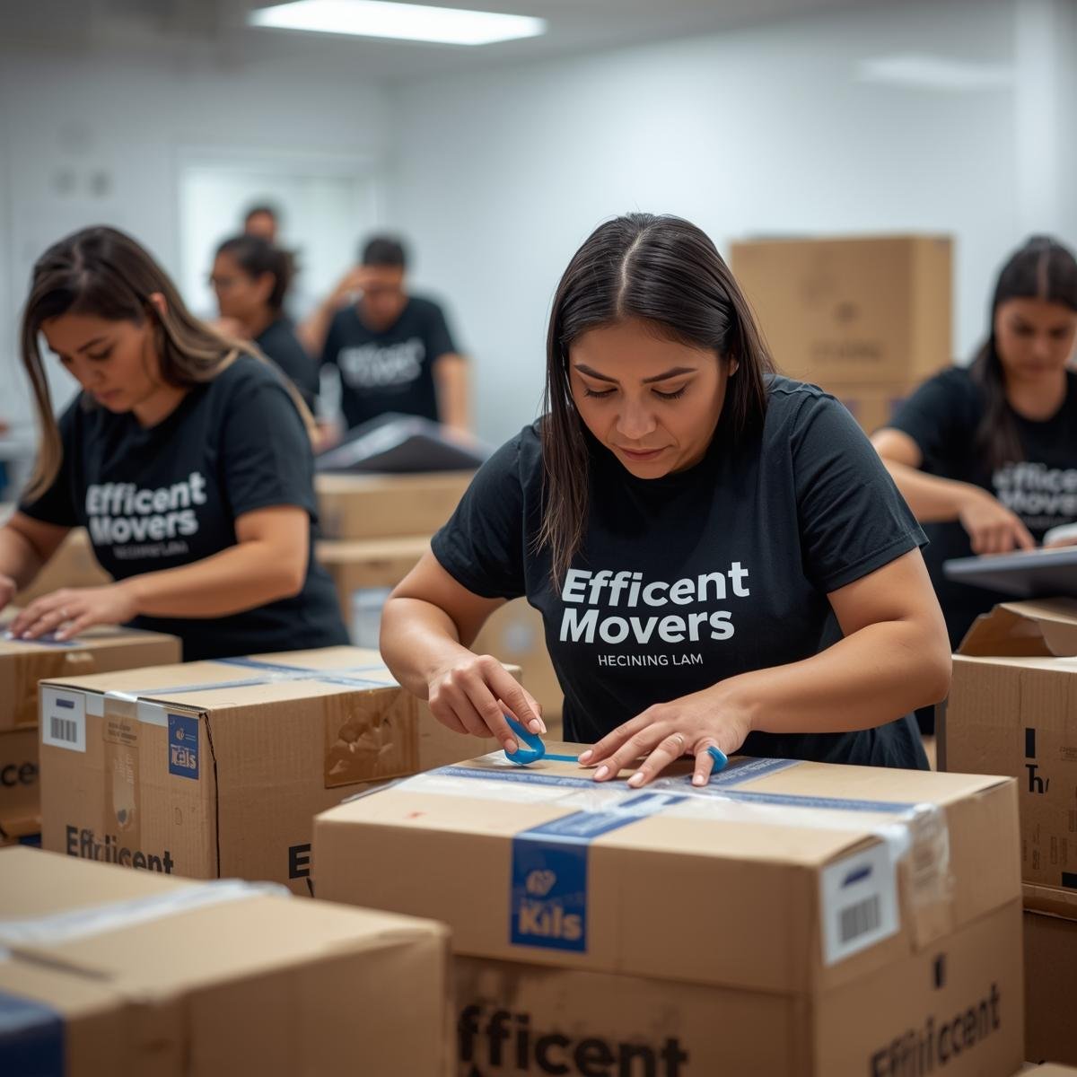 Team in Efficent Movers T-shirts packing boxes. (3)