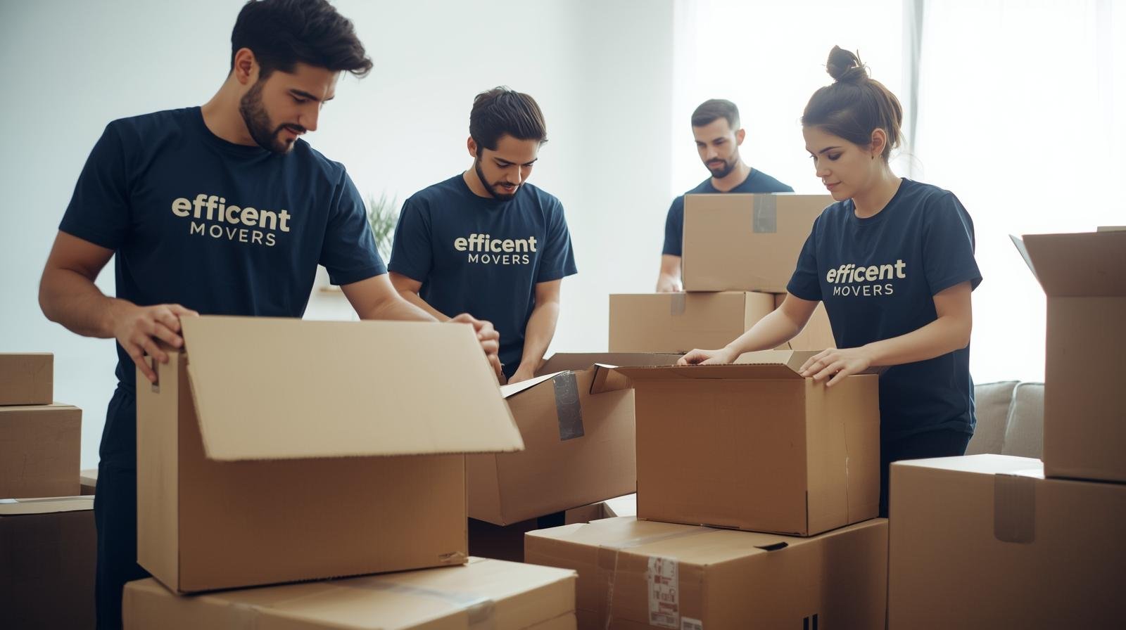 Team in Efficent Movers T-shirts packing boxes. (4)